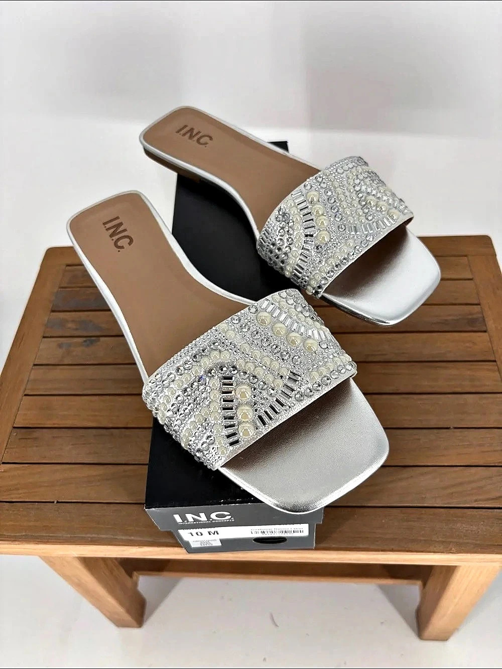 INC Embellished Slide Sandals in Silver Like New